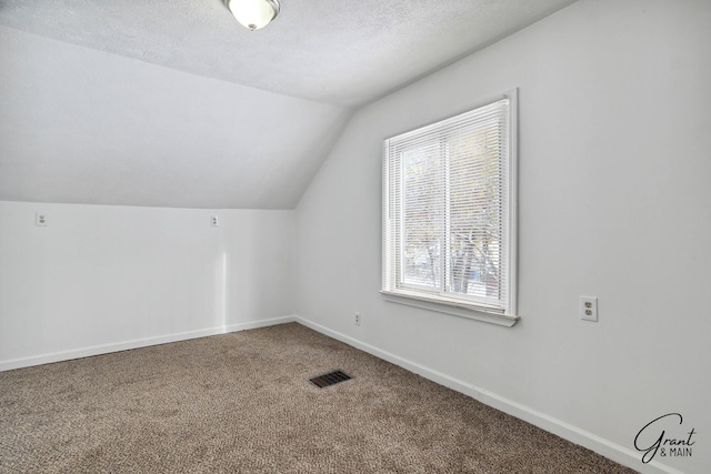 additional living space with a textured ceiling, carpet floors, and vaulted ceiling