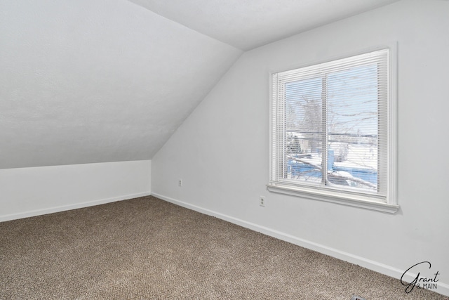 additional living space with carpet flooring, a healthy amount of sunlight, and lofted ceiling