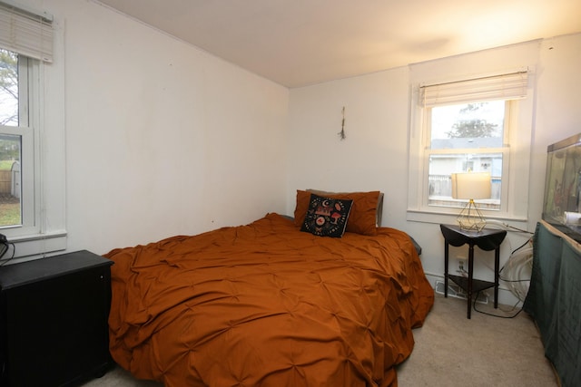 bedroom featuring light carpet