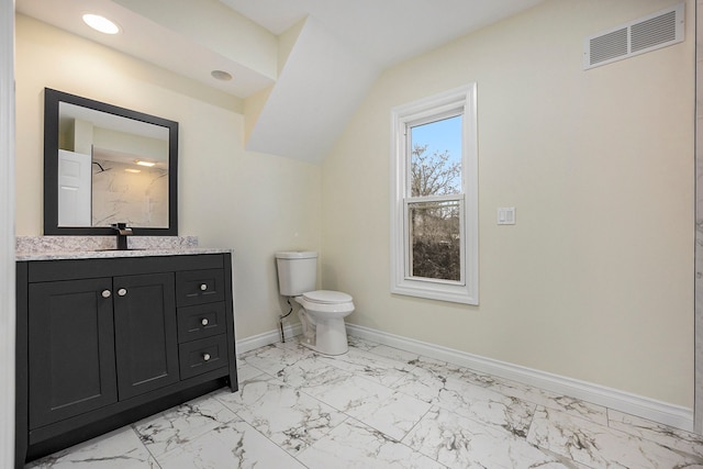 bathroom featuring toilet, vanity, and walk in shower