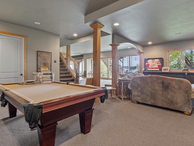 recreation room with decorative columns, carpet flooring, and billiards