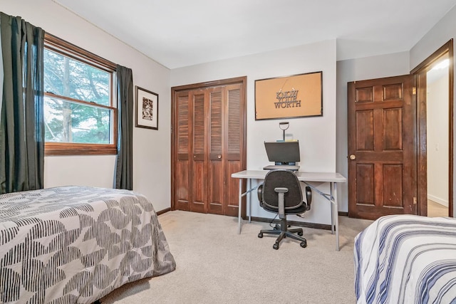 bedroom with carpet flooring and a closet