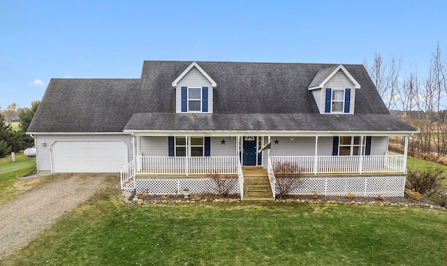 cape cod house with covered porch, a garage, and a front yard