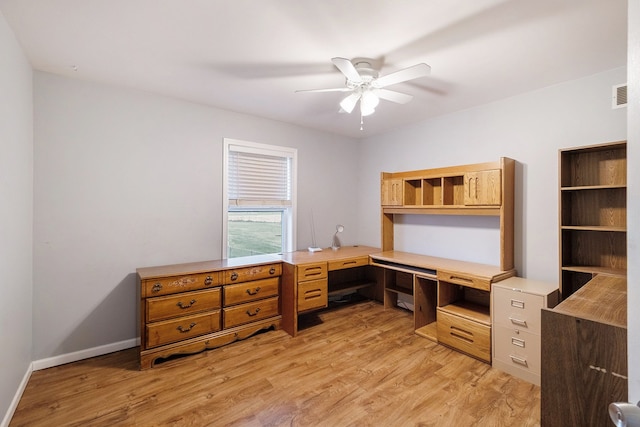 home office featuring ceiling fan and light wood-type flooring