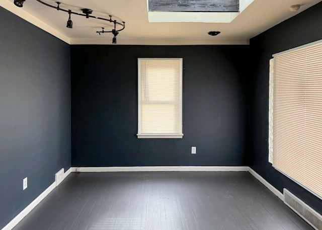 spare room featuring a skylight and dark wood-type flooring