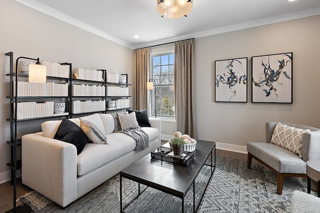 living room with wood-type flooring and crown molding