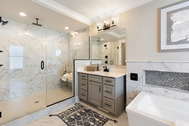 bathroom with plenty of natural light, independent shower and bath, and tile walls