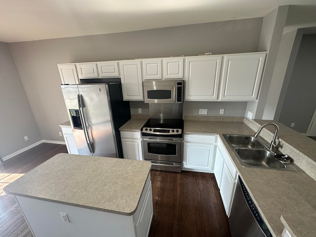 kitchen with a center island, sink, stainless steel appliances, dark hardwood / wood-style flooring, and white cabinets