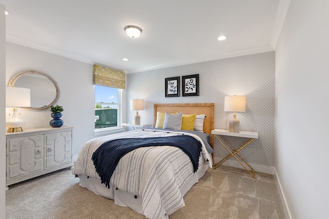 carpeted bedroom with ornamental molding