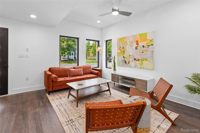 3422 Cochrane St Unit 1, Detroit, MI 48208 - living room featuring baseboards, wood finished floors, a ceiling fan, and recessed lighting