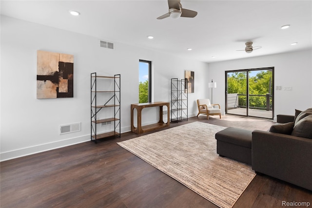 3422 Cochrane St Unit 1, Detroit, MI 48208 - living area with ceiling fan, dark wood-style floors, recessed lighting, and baseboards