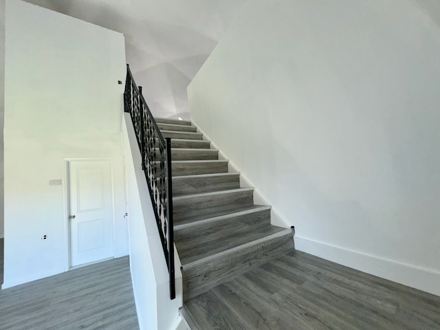 stairs with hardwood / wood-style flooring