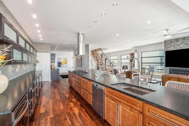 kitchen with appliances with stainless steel finishes, dark hardwood / wood-style flooring, ceiling fan, exhaust hood, and sink