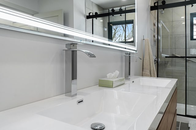 bathroom featuring vanity and a shower with shower door