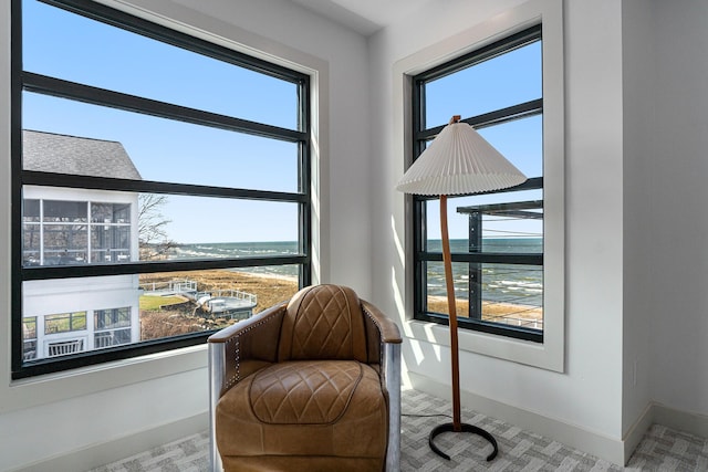 sitting room with a wealth of natural light and a water view