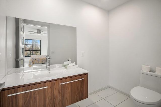 bathroom featuring tile patterned flooring, vanity, toilet, and ceiling fan