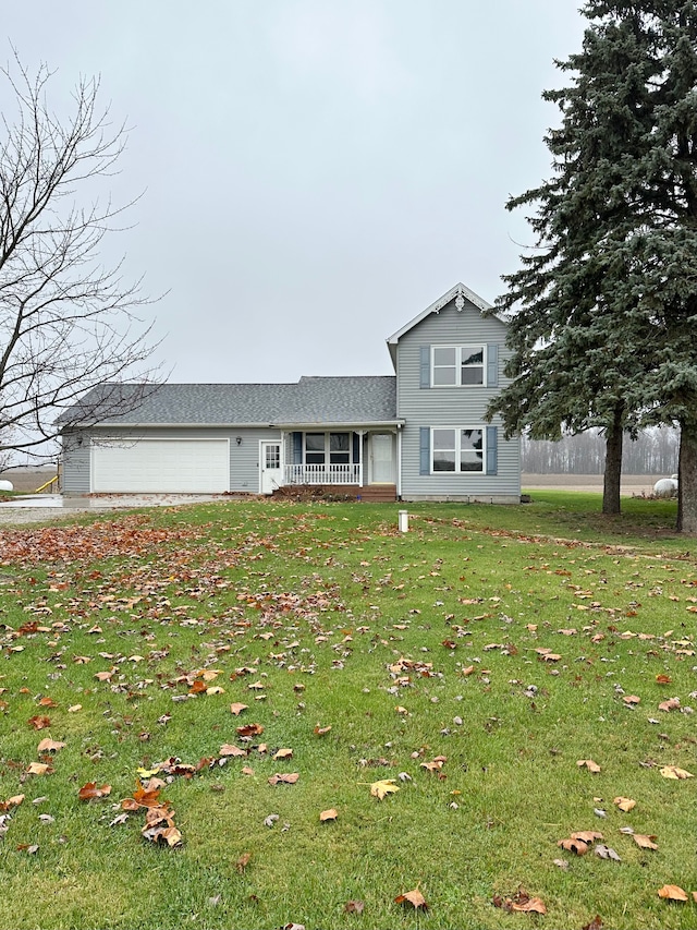 view of front of home with covered porch, a front yard, and a garage