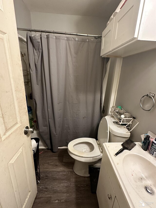 bathroom with hardwood / wood-style floors, vanity, toilet, and curtained shower