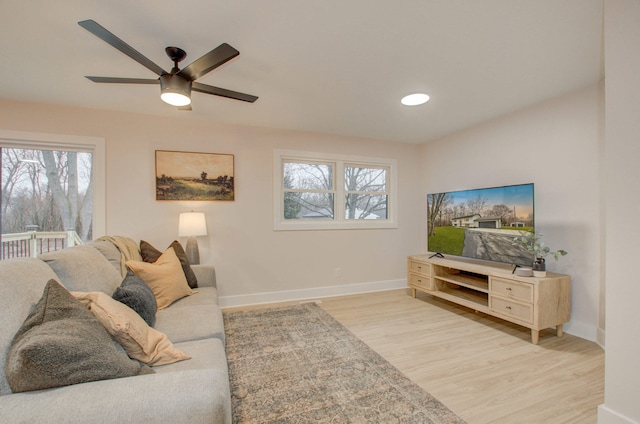 living room featuring ceiling fan and light hardwood / wood-style flooring