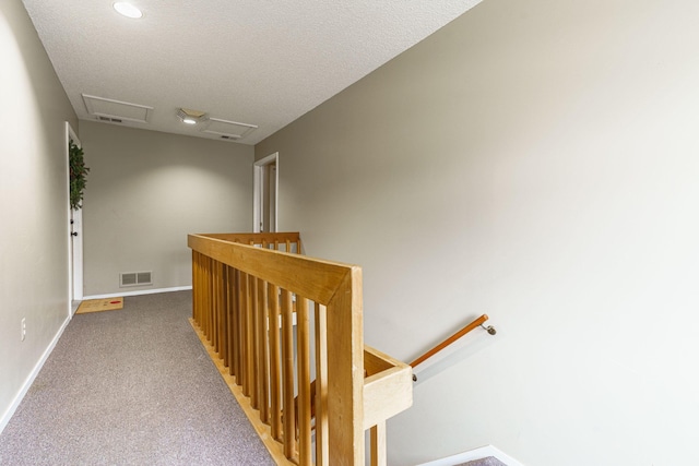 hall featuring carpet and a textured ceiling