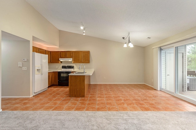 kitchen with white refrigerator with ice dispenser, pendant lighting, electric range, and vaulted ceiling