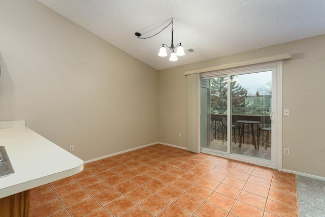 4980 Oak Hill Dr Unit 66, Waterford, MI 48329 - unfurnished dining area featuring a chandelier, light tile patterned floors, and vaulted ceiling