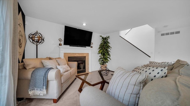 living room featuring light colored carpet