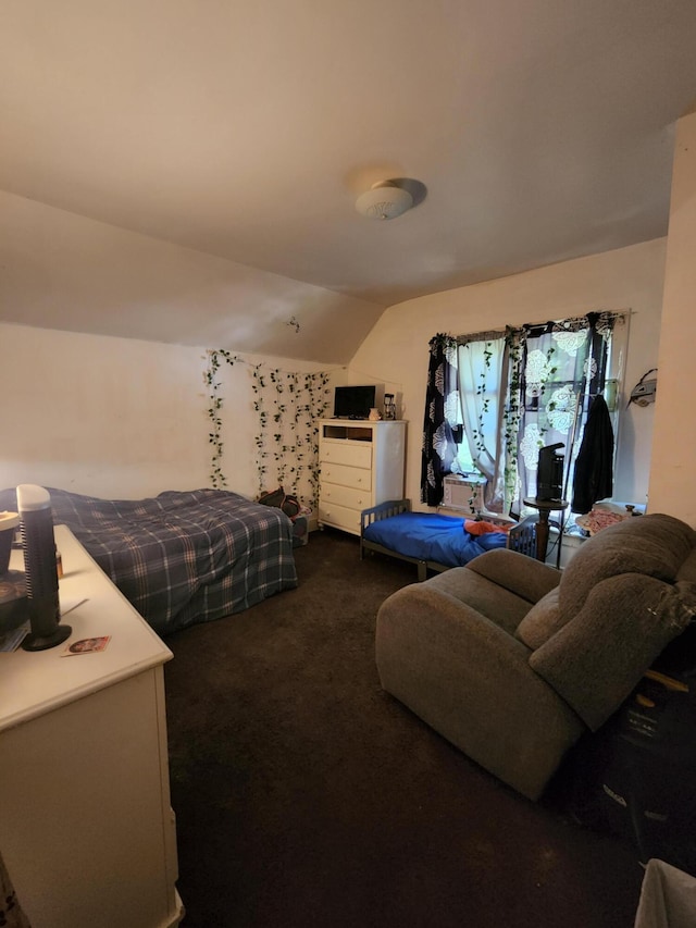 bedroom with lofted ceiling and dark colored carpet