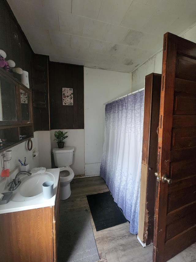 bathroom with hardwood / wood-style flooring, vanity, and toilet