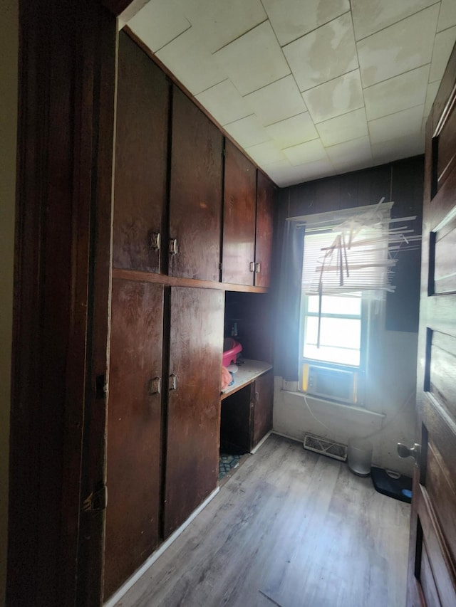 kitchen with dark brown cabinets and light hardwood / wood-style floors