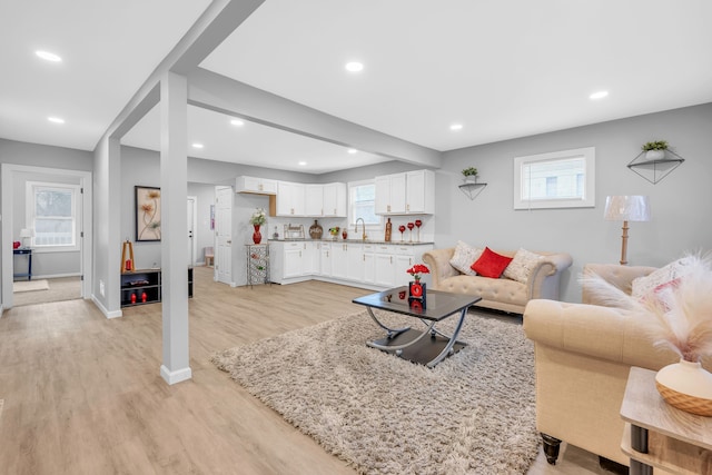 living room featuring light wood-type flooring, a healthy amount of sunlight, and sink