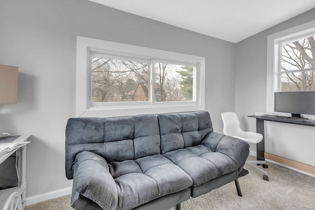 living room with a wealth of natural light and light carpet