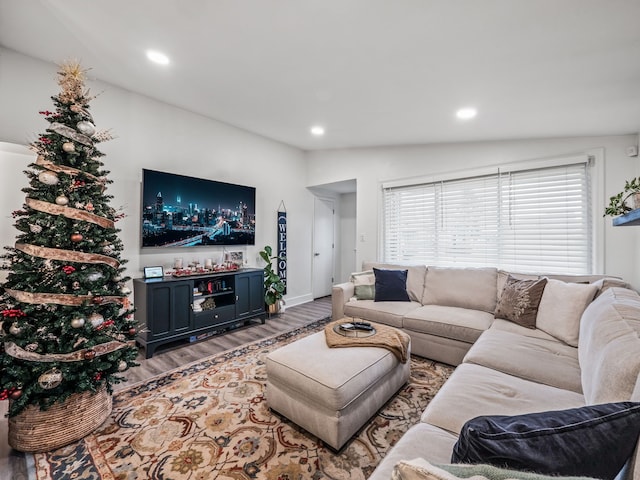 living room featuring hardwood / wood-style floors and vaulted ceiling