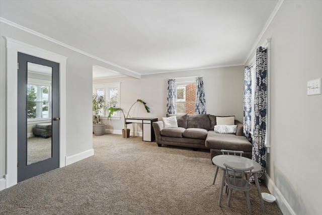 living room featuring carpet, ornamental molding, and a healthy amount of sunlight