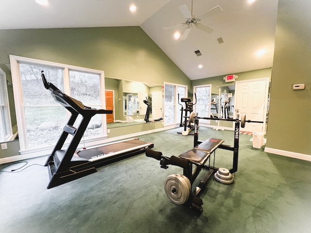 exercise room with ceiling fan, carpet flooring, and high vaulted ceiling