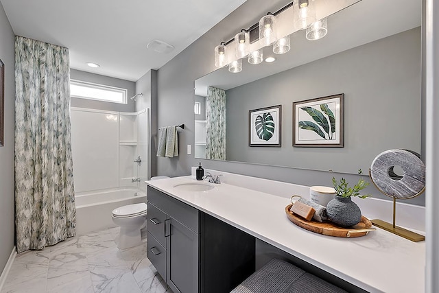 full bathroom with vanity, toilet, and shower / bathtub combination with curtain