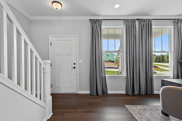 foyer featuring dark hardwood / wood-style floors and crown molding