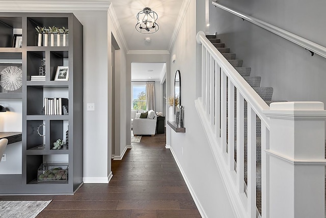 interior space featuring crown molding, dark wood-type flooring, and a chandelier