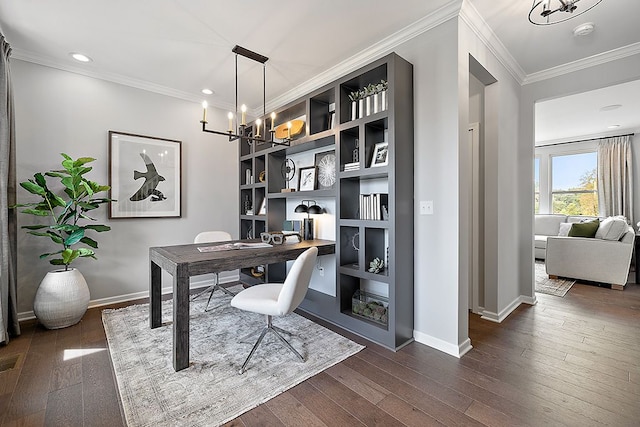 home office with ornamental molding, dark wood-type flooring, and a notable chandelier