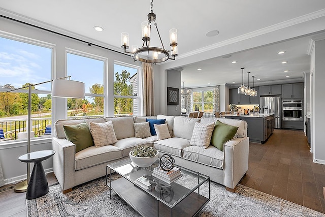 living room featuring dark hardwood / wood-style floors, an inviting chandelier, crown molding, and sink