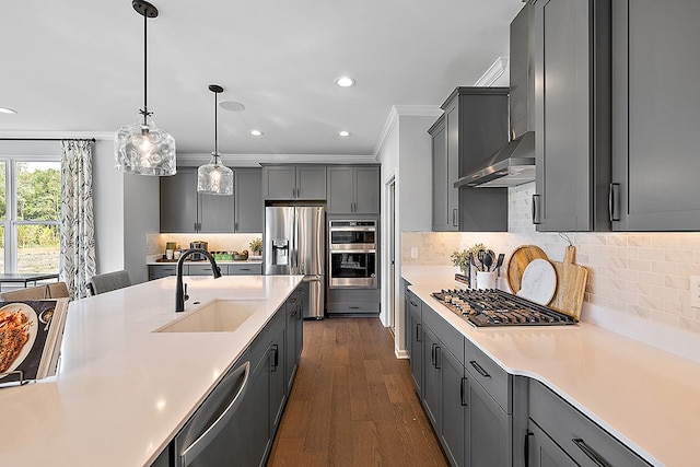 kitchen with gray cabinetry, sink, hanging light fixtures, dark hardwood / wood-style flooring, and stainless steel appliances