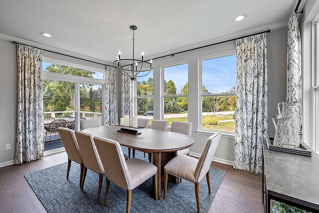 dining room with a notable chandelier, dark wood-type flooring, and a wealth of natural light