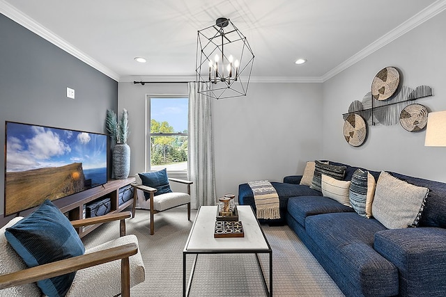 living room featuring a chandelier, carpet flooring, and ornamental molding