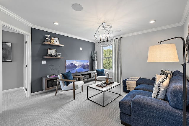 living room with carpet, an inviting chandelier, and crown molding