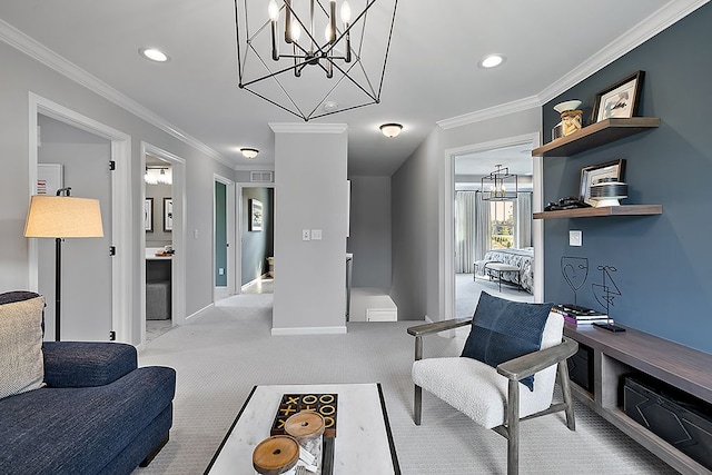 interior space featuring light carpet and ornamental molding