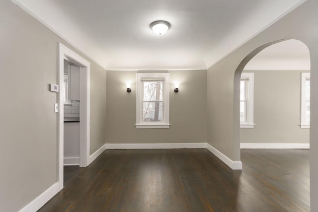 unfurnished room with crown molding and dark hardwood / wood-style flooring