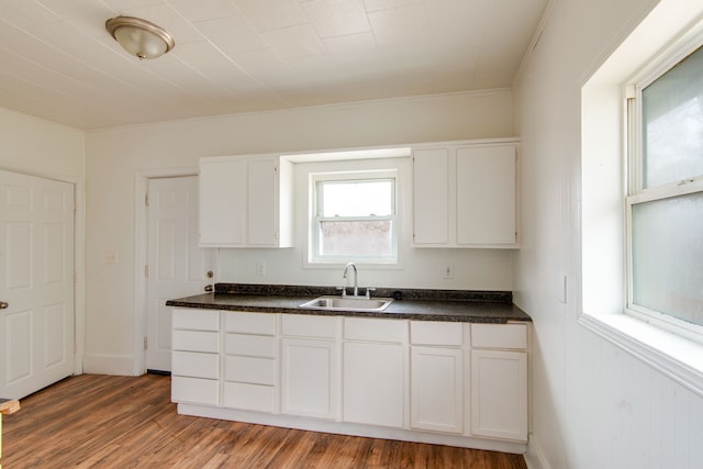 kitchen with wood-type flooring, white cabinetry, ornamental molding, and sink