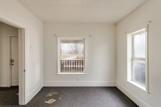 spare room featuring plenty of natural light and dark carpet