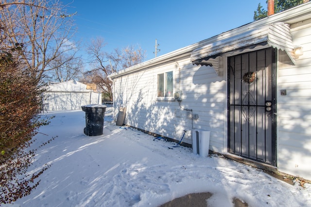 view of snow covered exterior