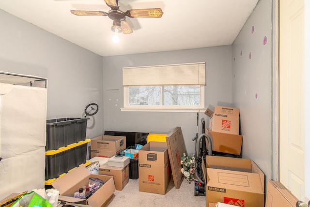 storage room with ceiling fan